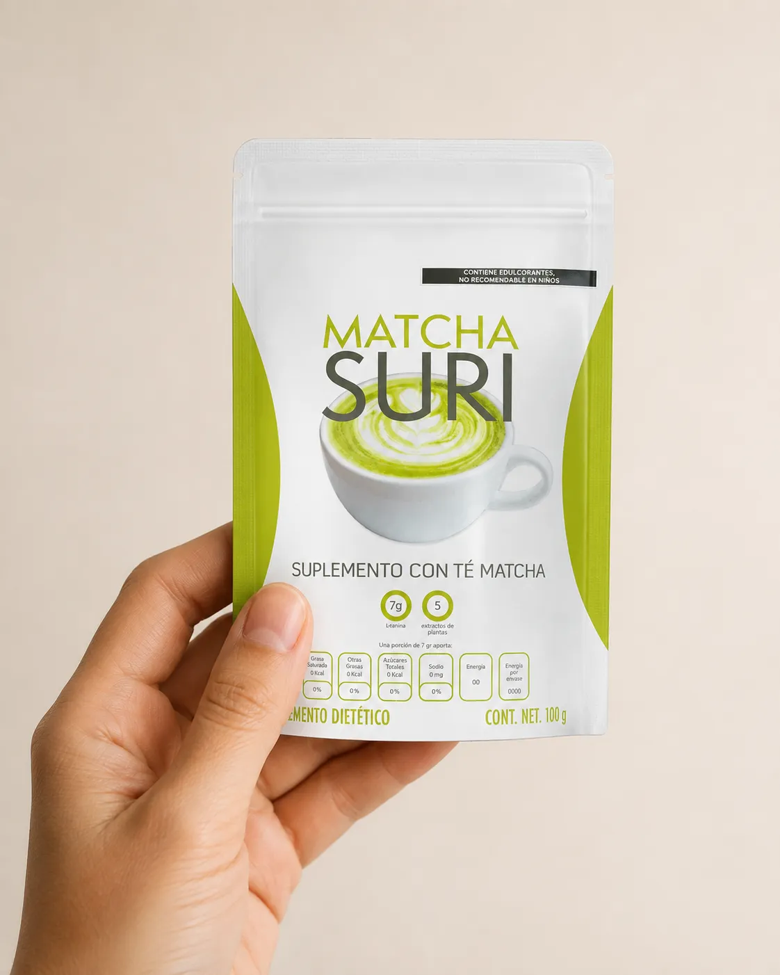 Matcha Suri — the package held in a hand