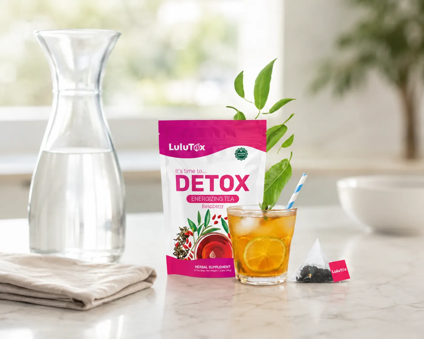 Lulutox Detox Tea — the package in everyday use